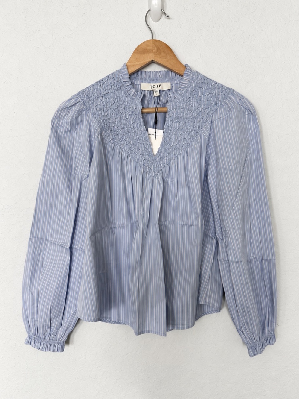 NWT Joie Blue Pinstripe Smocked V-Neck Blouse